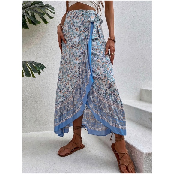 Boho Blue Floral Print Ruffle Wrap maxi Skirt - Picture 10 of 10